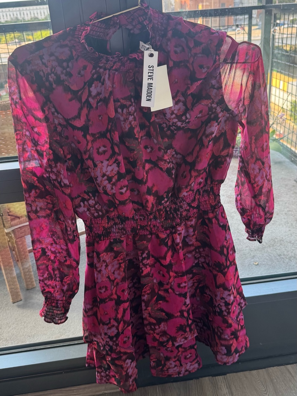 Steve Madden Pink and Black Floral Long-Sleeve Mini Dress